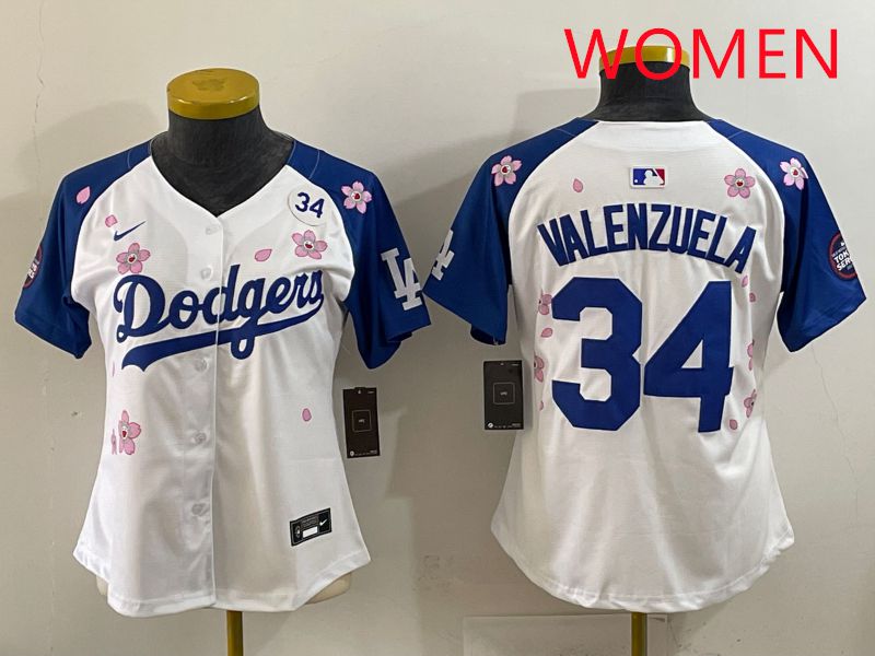 Women Los Angeles Dodgers 34 Valenzuela White Blue Sakura Edition 2025 Nike MLB Jersey style 37